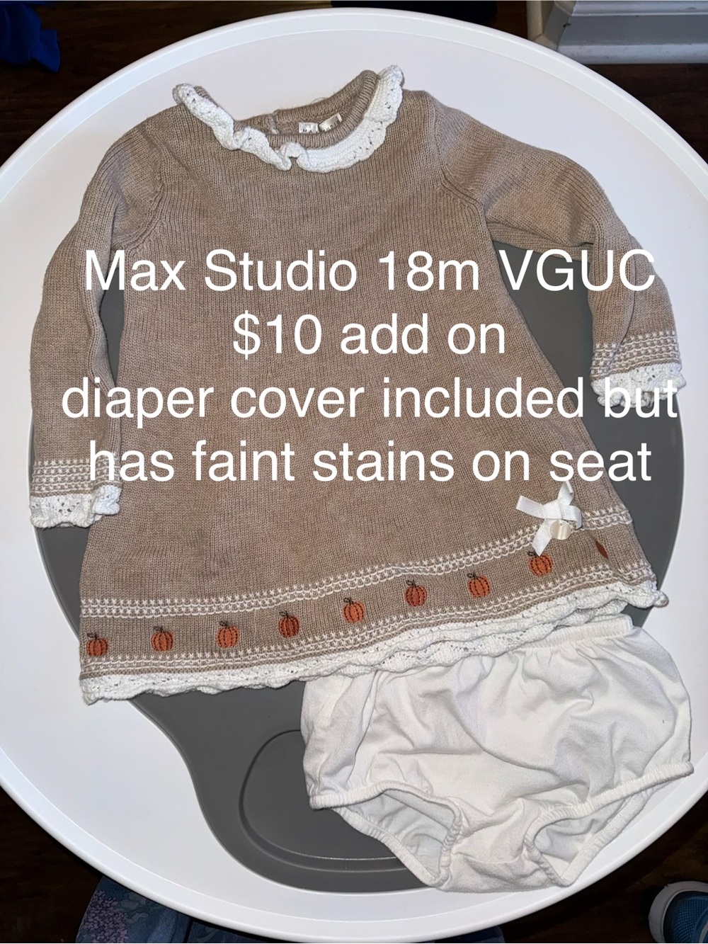 Max Studio Tan Knit Dress with White Trim and Pumpkin Detail